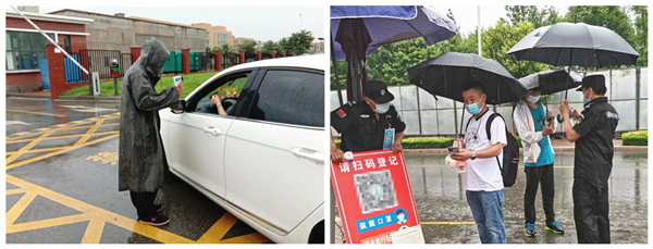 為確保雨天業(yè)達(dá)工業(yè)園廠區(qū)安全工作一切正常，全體保安員不懼風(fēng)雨，冒雨執(zhí)勤，做好疫情防控措施和入園檢查流程 (3)_副本